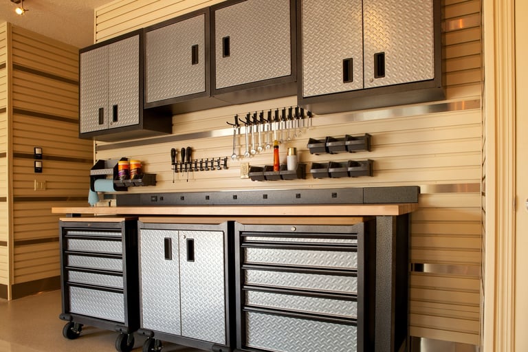Garage workspace with cabinets and countertop