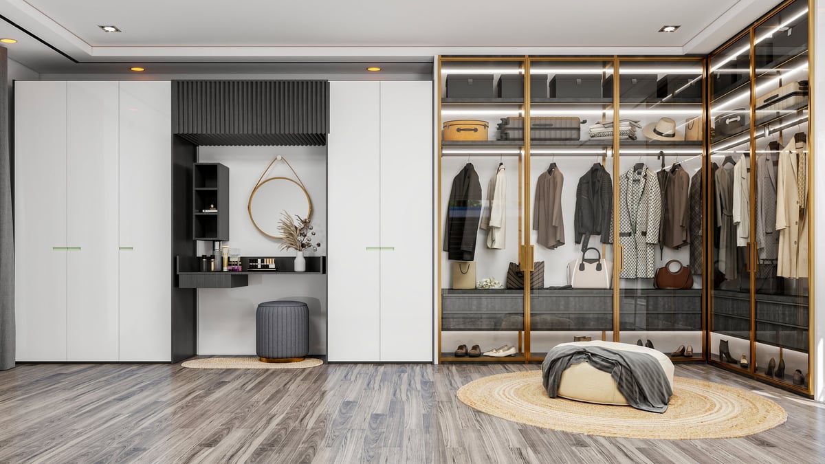 Modern Luxury Walk-In Closet Interior with Wardrobe and Dressing Table