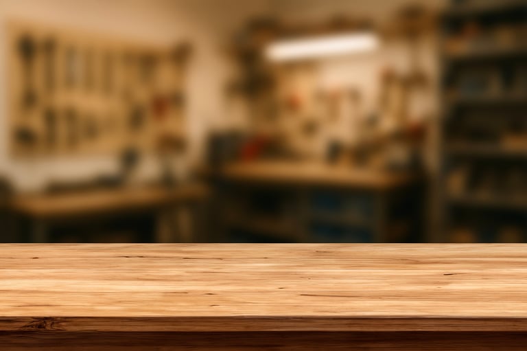 Wooden workbench table in workshop